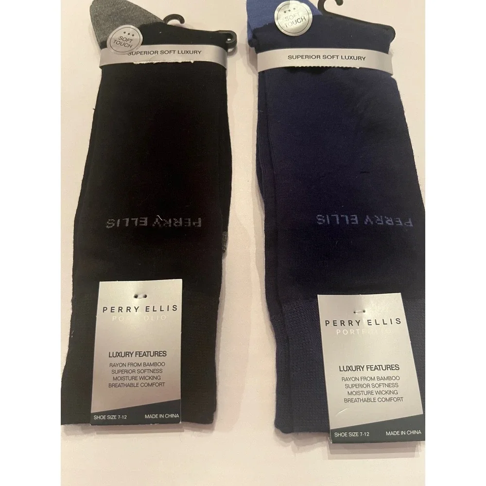 Perry Ellis Portfolio 2 Pair Superior Soft Luxury Socks Black Blue Size 7-12